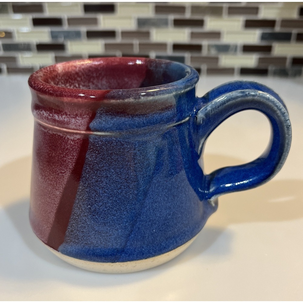 Studio Art Pottery Signed EM 22 Blue Red Drip Glaze‎ 8 Oz Coffee Tea Mug
